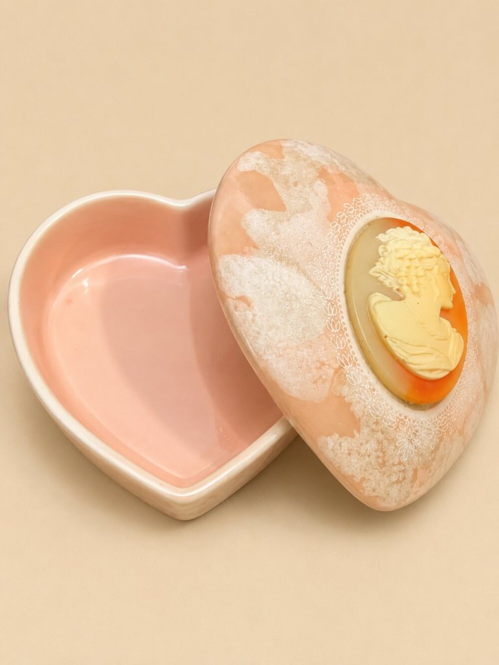 Vintage Pink Heart-Shaped Ceramic Cameo Trinket Box